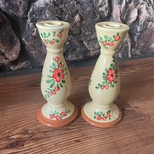 VTG  Handpainted Ceramic Candlestick Holder Yellow Floral Pizzato Italy set of 2